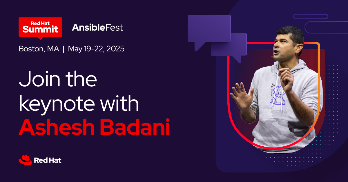 RedHat's tweet photo. You’re invited to @asheshbadani’s keynote at #RHSummit 2025, where together, we’ll unlock what's next in #OpenSource: https://t.co/Qh6iDvhbNr. https://t.co/CL2iy3KE7q