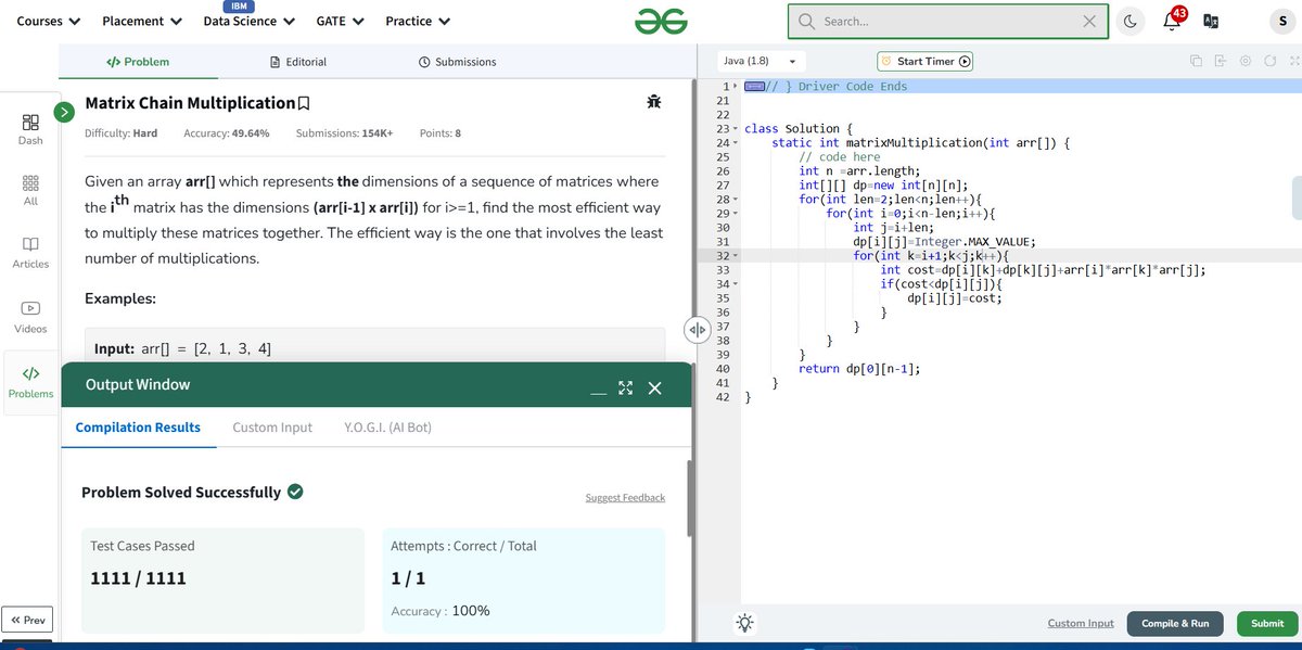 Day 130/160 of #geekstreak2024 by
<a href="/geeksforgeeks/">GeeksforGeeks | Learn to Code</a>

Question :Matrix Chain Multiplication #geekstreak2024 #gfg160 #womenintech