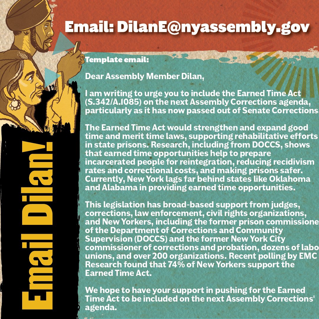 Center for Community Alternatives (@cca_ny) on Twitter photo The Earned Time Act has passed the Senate Corrections Committee. Now we need it on the Assembly Corrections agenda. Take 2 minutes to email Assembly Member Dilan with the template here to make your voice heard. Email: DilanE@nyassembly.gov The Earned Time Act has passed the Senate Corrections Committee. Now we need it on the Assembly Corrections agenda. Take 2 minutes to email Assembly Member Dilan with the template here to make your voice heard. Email: DilanE@nyassembly.gov
