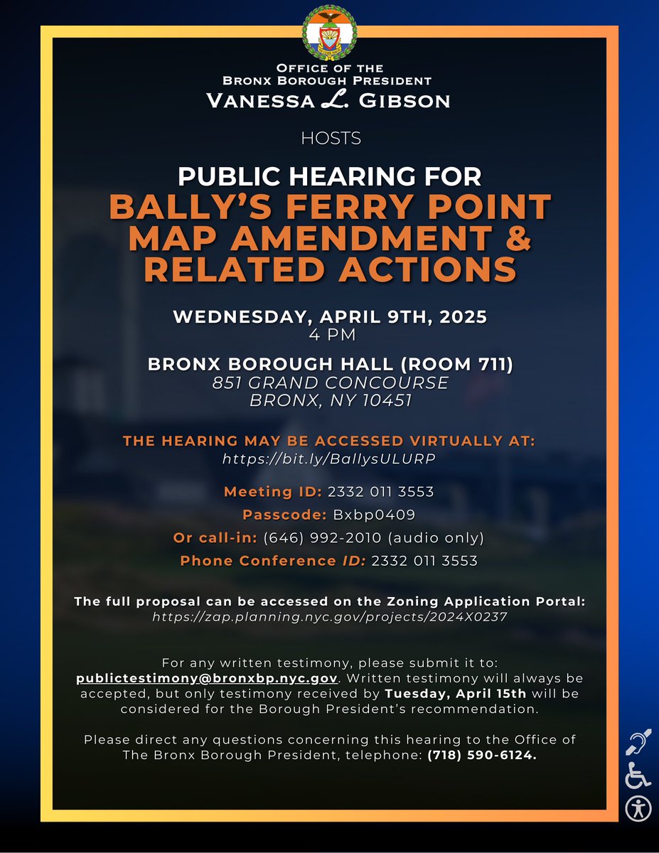 Tomorrow, Wednesday, April 9th, at 4pm, we’re hosting a public hearing at Bronx Borough Hall on the proposed Bally’s Ferry Point Map Amendment and related actions.

Join us as we hear from the community and stakeholders on this important land use proposal.