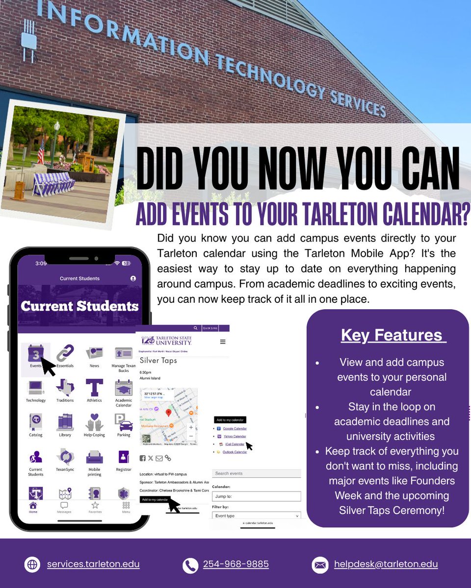 Stay updated on Tarleton events by adding them to your calendar with the Tarleton Mobile App! From deadlines to exciting campus events like, Silver Taps tonight. Keep track of it all and don't miss out on all the fun!💜

#TarletonSolutions #SilverTaps #FoundersWeek