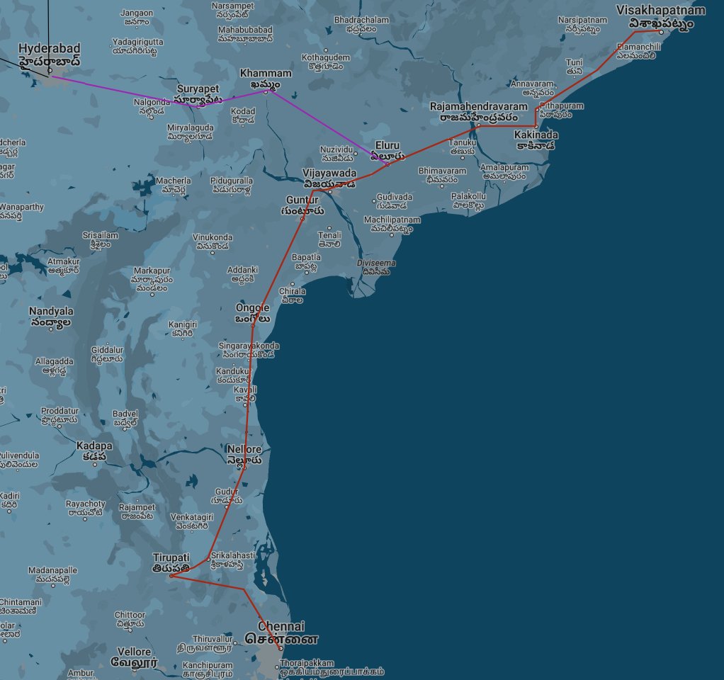 nakshewala's tweet photo. Respected @ncbn garu. I again suggest a bullet train (High Speed Rail) corridor traversing the entire Coastal Andhra from Chennai to Visakhapatnam via Amaravathi (with a future extension to Hyderabad from Eluru). I urge you to persuade the Union govt to consider this as well 🙏 https://t.co/PAYT9alzb1