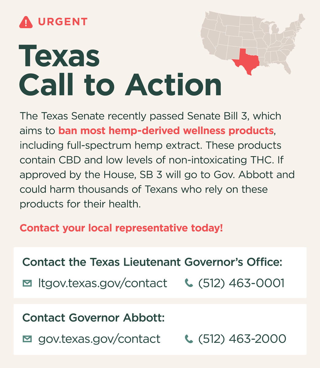 theCBDistillery's tweet photo. Texas hemp consumers we need your help - Let your voice be heard.

Your access to hemp-derived CBD products is in jeopardy due to Senate Bill 3!

See below to take action! 👇 https://t.co/0PUJAigdTP