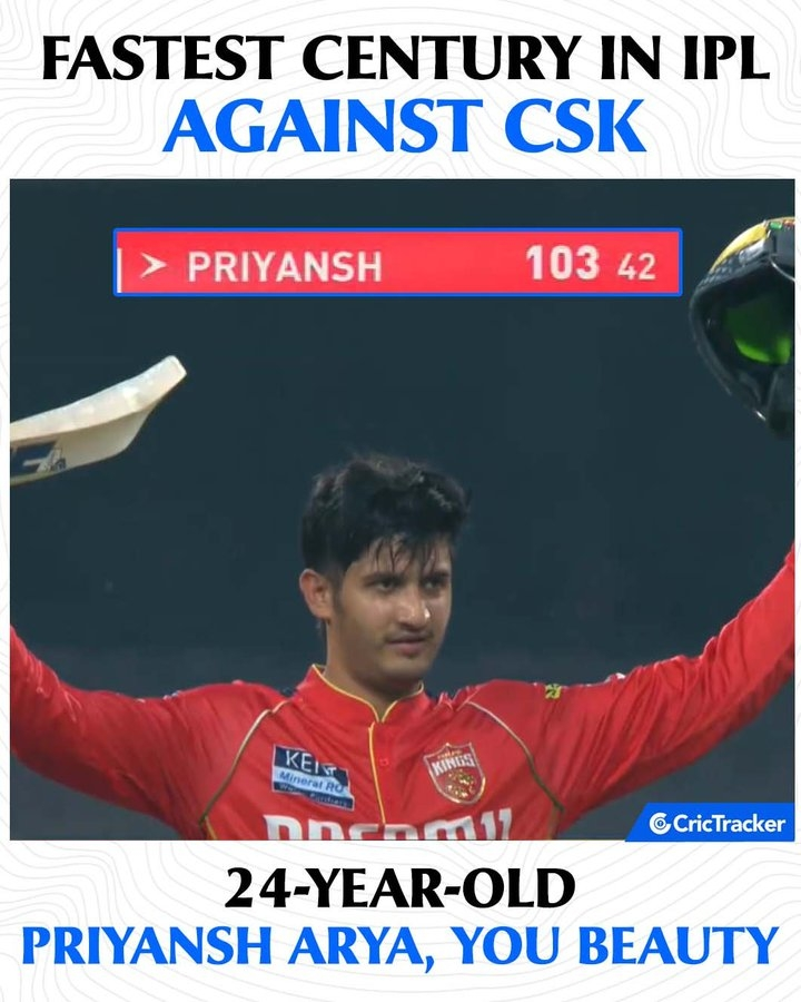 start_of_era's tweet photo. 🔥 Priyansh Arya SMASHES a record-breaking century (39 balls!) against CSK! 🤯 Fastest ever in IPL history. This kid is a force to be reckoned with!

#IPL2024, #FastestCentury, #PriyanshArya, #CSKvs, #IPL, #Cricket, #RecordBreaker https://t.co/E7D15ZrKMe