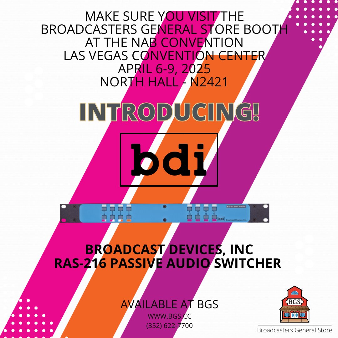 BgsBroadcasters's tweet photo. When you are putting together your schedule for the NAB Show. Be sure to have Broadcasters General Store on your list (North Hall at N2421). We'll be introducing great new products like Broadcast Device's RAS-216 Passive Audio Switcher https://t.co/0RHzpmTmu0

#BroadcastEquipment https://t.co/WLiRNMEnNu
