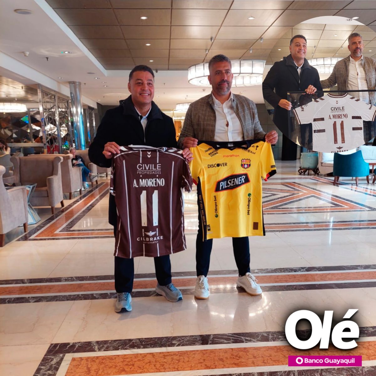 DiarioOleEc's tweet photo. 🟡@BarcelonaSC 🤝 @caplatense 🟤

👉Alfaro Moreno, emblema del Calamar, recibió al presidente del club argentino (Sebastián Ordoñez) en el hotel de Barcelona

🔄Hubo intercambio de camisetas de ambas instituciones

📸 @DMeltzerOK https://t.co/VpV7rHbeiN