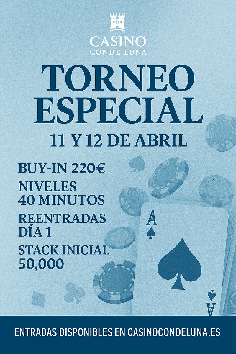 DiegoMatalobos's tweet photo. ♠️♥️¡Tenemos TORNEO ESPECIAL en Casino Conde Luna!
📅11 y 12 de abril || 9:00 PM
💶Buy-in: 220€
🎯Stack inicial: 50.000 pts
⏱️Niveles 40 min || Reentradas durante el Día 1
🎟️Compra tu entrada online en: https://t.co/jmzmeaHCxn
Se agradece difusión🙏
@casinocondeluna https://t.co/SyP1I6viH3
