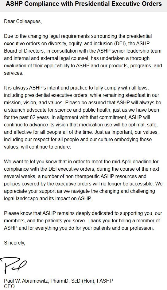 Looks like someone's getting ready to cave. The first professional organization I joined was ASHP, more than 40 years ago when I was in pharmacy school. Oh well, there goes my member discount. Weak as water. <a href="/ASHPOfficial/">ASHP</a>