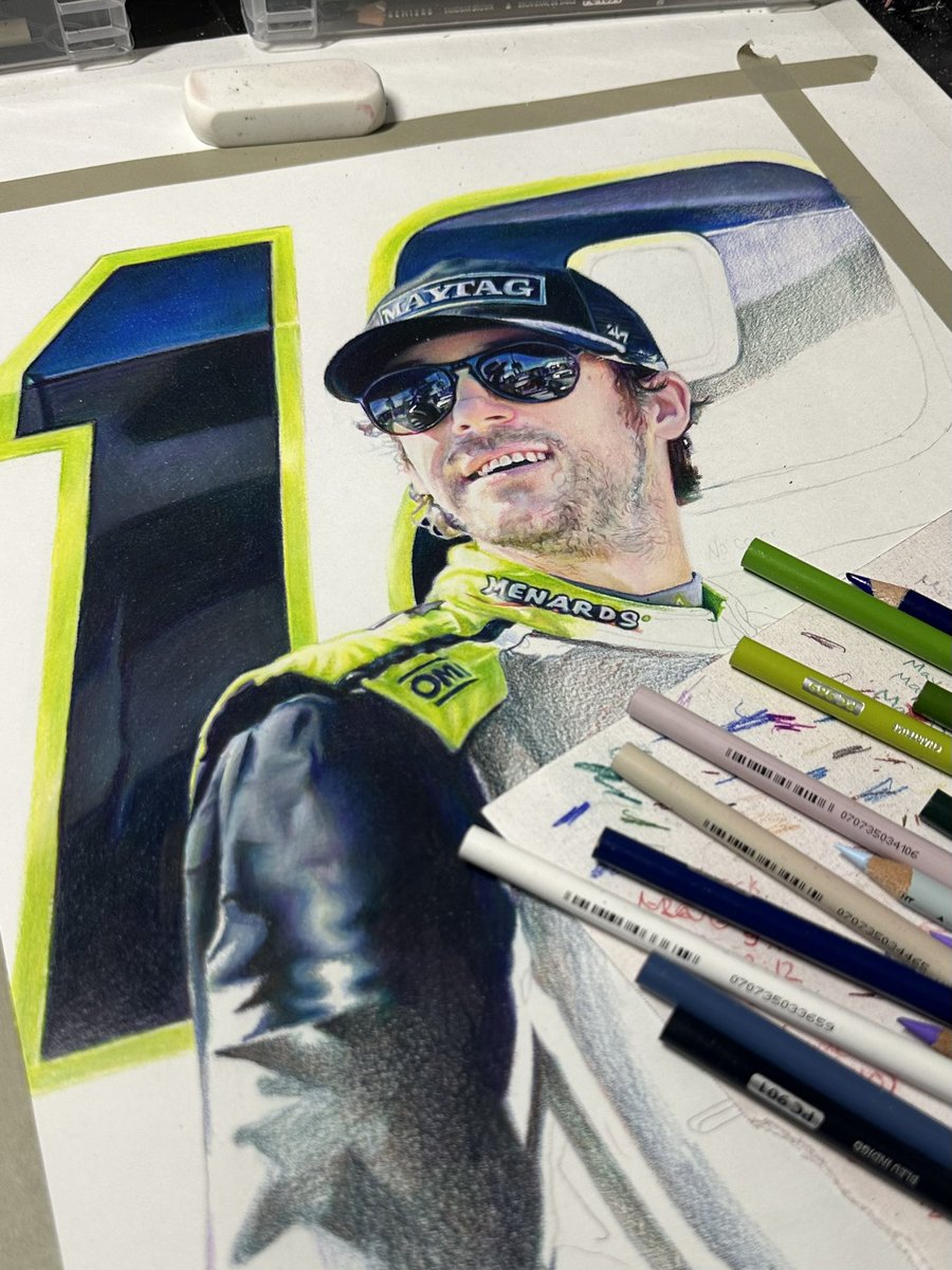 I’m getting close to finishing my colored pencil drawing of <a href="/Blaney/">Ryan Blaney</a>! I’ll be giving away a print of this piece to one person who RTs this post. You have to be following me to win, and winner will be chosen 4-15-25. Good luck! #NASCAR #penske