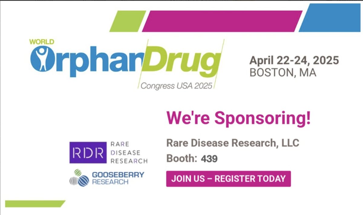 Rare Disease Research (RDR) &amp; Gooseberry Research (GBR) are sponsoring the World Orphan Drug Congress (WODC) in Boston, MA, from April 22-24! 🌟

Visit us at Exhibit #439 to learn more about the groundbreaking work we’re doing!
#WODC #RareDiseaseResearch #GooseberryResearch