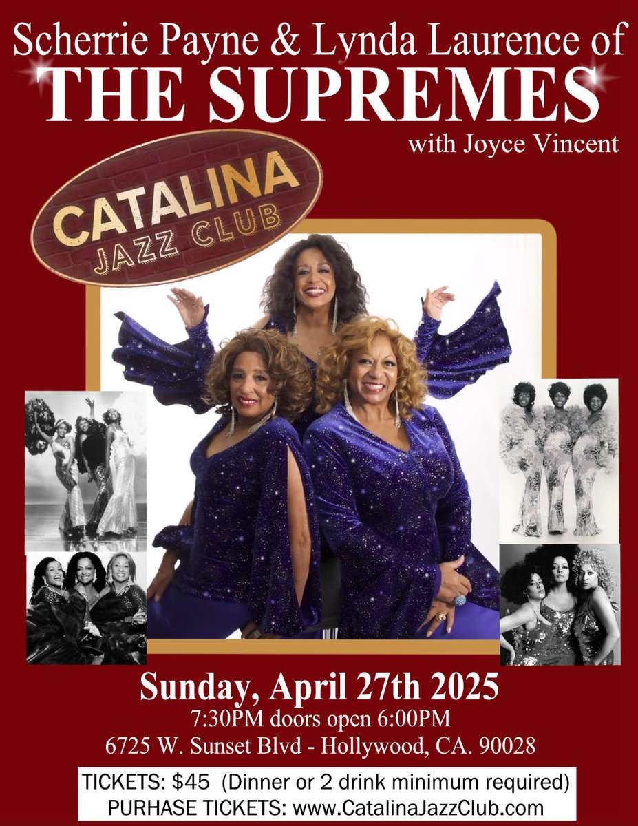 Former Supremes (@formersupremes) on Twitter photo <a href="/CatJazzClub/">Catalina Jazz Club - Hollywood</a> Sunday, April 27th 2025 - #ScherriePayne #LyndaLaurence of #TheSupremes with #JoyceVincent #FormerLadiesOfTheSupremes former #Motown #SUPREMES #CatalinaJazz #Hollywood formersupremes.com/1/post/2025/04… <a href="/CatJazzClub/">Catalina Jazz Club - Hollywood</a> Sunday, April 27th 2025 - #ScherriePayne #LyndaLaurence of #TheSupremes with #JoyceVincent #FormerLadiesOfTheSupremes former #Motown #SUPREMES #CatalinaJazz #Hollywood formersupremes.com/1/post/2025/04…