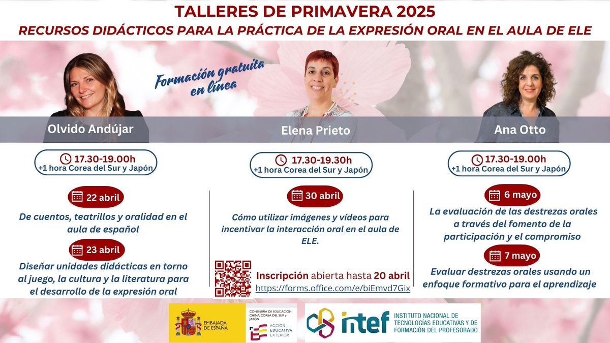 📢 Si eres profesor de español en 🇨🇳🇯🇵🇰🇷, no te pierdas los talleres de primavera gratuitos sobre la creación de recursos para la práctica de la expresión oral 🗣️. 
Inscripción hasta 20 abril: shorturl.at/zWhIe
Más información:  shorturl.at/ok2pJ <a href="/AccEducativaExt/">Acción Educativa Exterior</a>