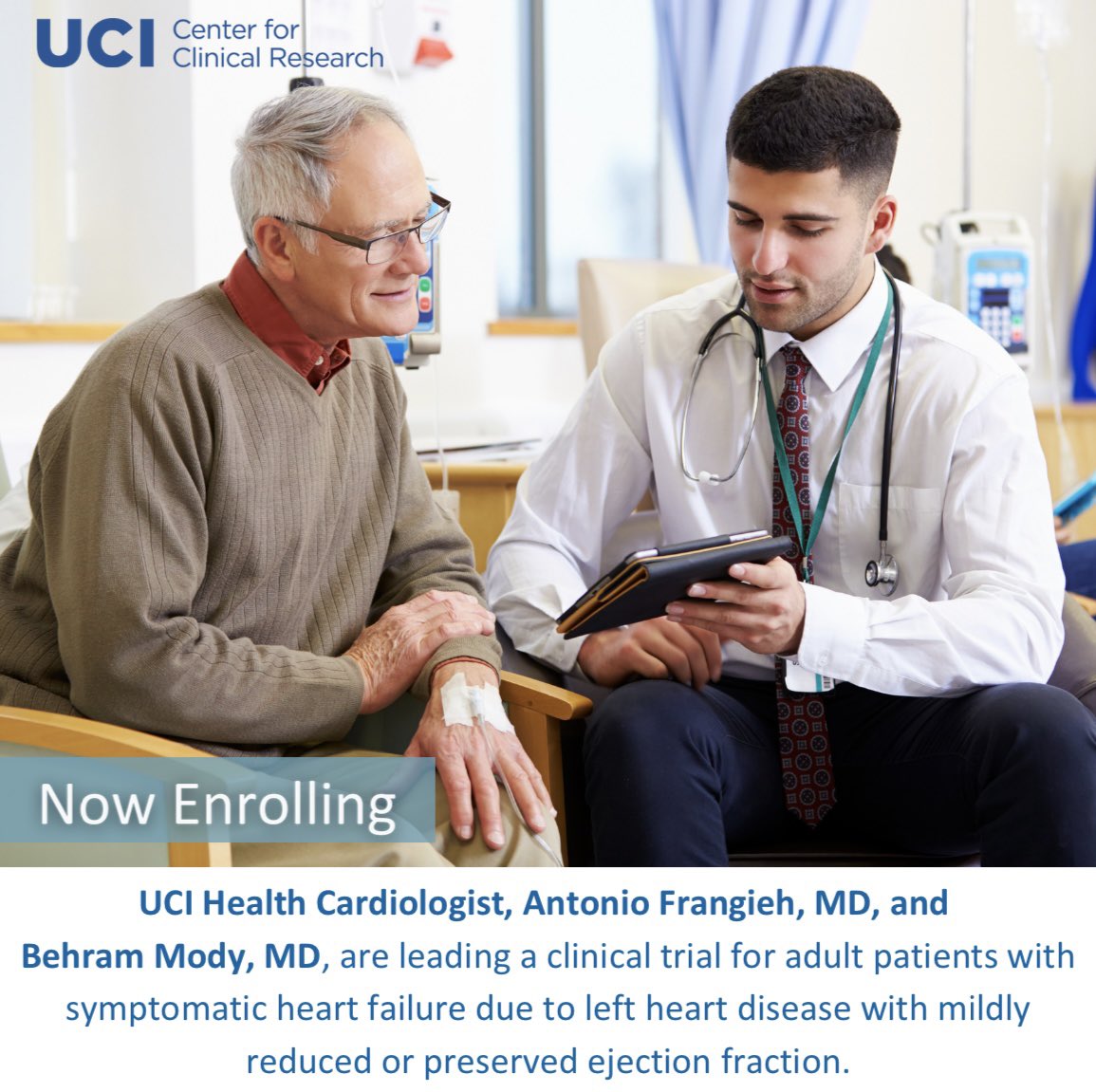 UCIrvineCCR's tweet photo. UCI Health Cardiologist, Antonio Frangieh, MD, and Behram Mody, MD, are leading a clinical trial study for adult patients with symptomatic heart failure.    
 
Contact form &amp; additional study details: https://t.co/wJybl5fX48

#heartdisease #clinicaltrial https://t.co/DjEeLMLYhx