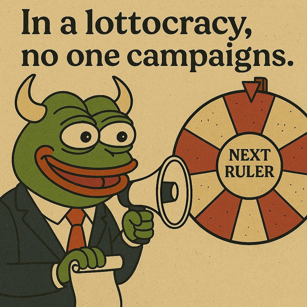 GM_Bulls's tweet photo. In a lottocracy, no one campaigns.
No promises.
No debates.
No handshakes.

Just a spin.
Just a ticket.
Just fate.

And weirdly?
That’s fair.

#lottocracy #peggedsaga #CryptoChad #DeFiDrama https://t.co/cg2GKHcxbi