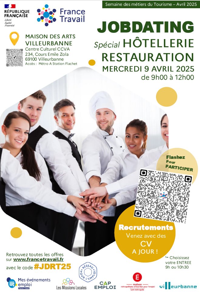 ⏰️ J-1️⃣ #JOBDATING SPECIAL #HOTELLERIE - #RESTAURATION
Nous attendons demain à partir de 9h🎯 au Centre Culturel CCVA Maisons des arts de Villeurbanne
5️⃣9️⃣0️⃣ #candidats inscrits 
3️⃣0️⃣ #restaurants #Hôtels #Ecoles 

Événement signature Groupe #HCRB agences <a href="/FTravail_ARA/">France Travail Auvergne-Rhône-Alpes</a>  Rhône