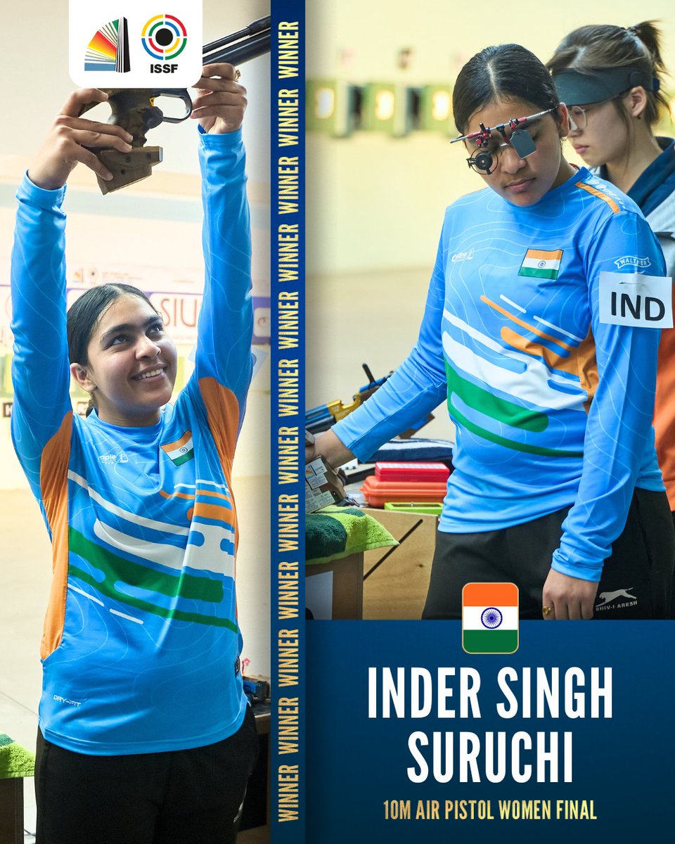 issf_official's tweet photo. After a strong qualification campaign, 18-year-old Inder Singh Suruchi 🇮🇳🥇 secures the win in the 10m Air Pistol Women Final!

#ISSF #ISSFWorldCup #ShootingSports https://t.co/BgOw3XP9gH