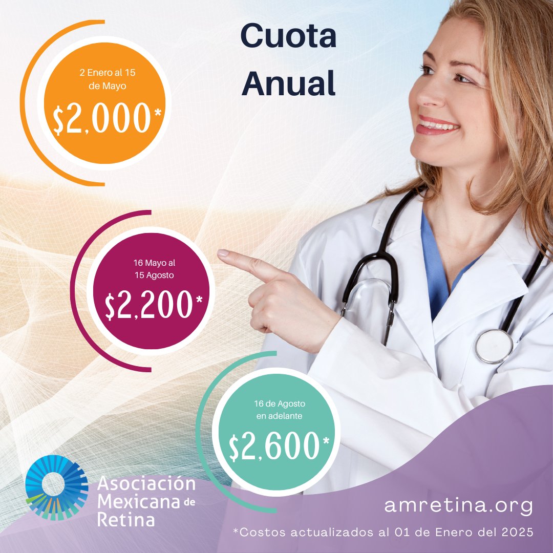 Cuota anual 
para socios 2025

Mas info en 
👉 amretina.org/cuota-anual-y-…

#AMR #ReunionAnualdeRetina #OftalmologosdeRetina #Retina #Retinologos #soymedicocertificado #AMRMexico #RetinaLATAMcases300 #RetinaLATAM