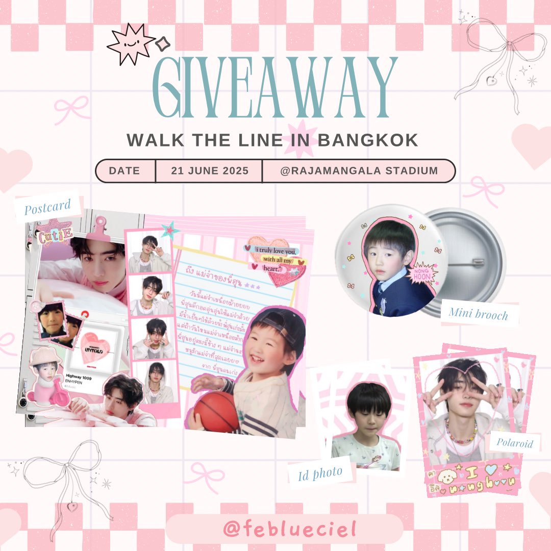 ` kindly retweet 🏹

🍮 #sunghoon
🍮 #WALKTHELINE_IN_BANGKOK &amp; #WALK_THE_LINE_IN_BKK

𐙚 only 15 sets 💬
♡ postcard 1 ea 
♡ id photo 1 ea
♡ polaroid 1 ea
♡ mini brooch 1 ea 

date ; 21 june 2025 🗓️  
🐠 @ rajamangala national stadium ♡ྀི

💌 —— rt &amp; show this tweet!
