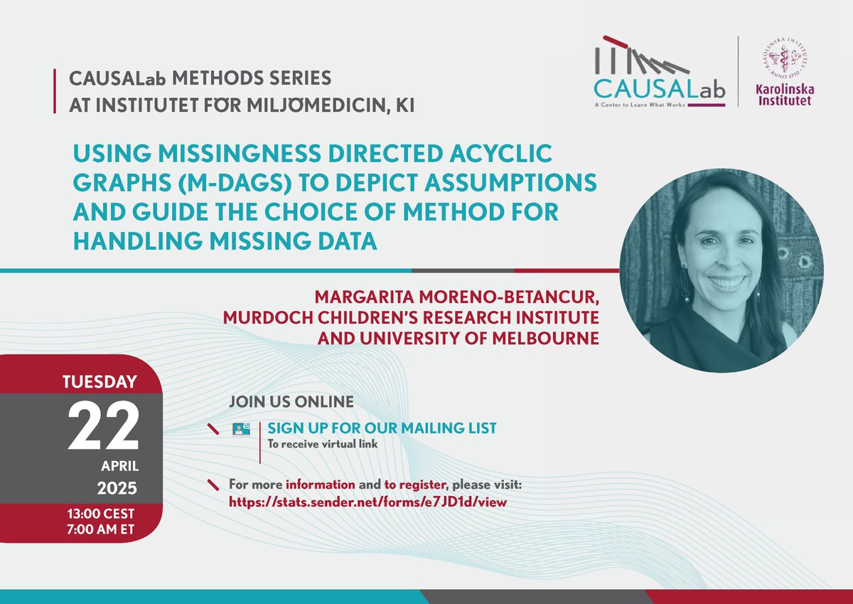 CAUSALab (@causalab) on Twitter photo 2 weeks away!
Margarita Moreno-Betancur <a href="/_MargaritaMB/">Margarita Moreno-Betancur</a> (<a href="/MCRI_for_kids/">Murdoch Children's Research Institute (MCRI)</a> <a href="/UniMelb/">University of Melbourne</a>) continues the 2025 Methods Series <a href="/karolinskainst/">Karolinska Institutet</a>.
📆 April 22, 2025
⏰ 13.00 CEST/7.00 ET
📍 All Methods Series talks virtual
Register now 👇
stats.sender.net/forms/e7JD1d/v…
#publichealth 2 weeks away!
Margarita Moreno-Betancur <a href="/_MargaritaMB/">Margarita Moreno-Betancur</a> (<a href="/MCRI_for_kids/">Murdoch Children's Research Institute (MCRI)</a> <a href="/UniMelb/">University of Melbourne</a>) continues the 2025 Methods Series <a href="/karolinskainst/">Karolinska Institutet</a>.
📆 April 22, 2025
⏰ 13.00 CEST/7.00 ET
📍 All Methods Series talks virtual
Register now 👇
stats.sender.net/forms/e7JD1d/v…
#publichealth