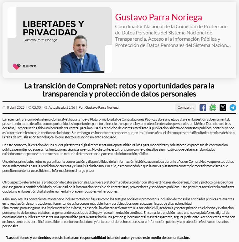 lgparranoriega's tweet photo. Les comparto mi #Opinión, columna Libertades y privacidad en @quierotv_gdl.
La transición de #CompraNet: retos y oportunidades para la #Transparencia y protección de datos personales.
https://t.co/lw4XOKWPaE https://t.co/JVOPx3A3yW