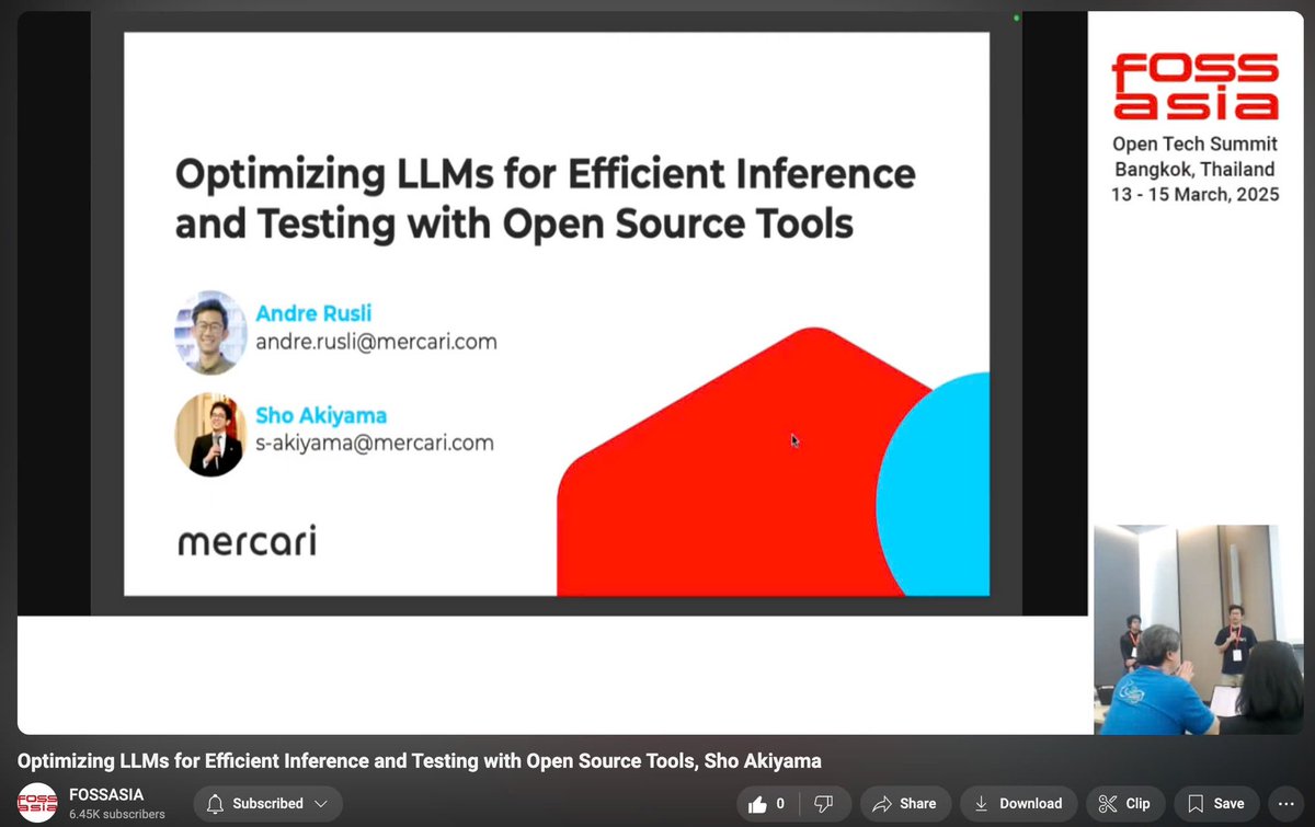 fossasia's tweet photo. Learn how to optimize LLMs for faster inference and better testing using powerful open source tools — boost performance without breaking the bank with @akiyamasho_dev & Andre Rusli at #FOSSASIASummit2025

🔗 Click here https://t.co/PbBrH1RHoz to watch on the FOSSASIA YouTube channel
#LLM #AI #OpenSourceTools #FOSSASIA