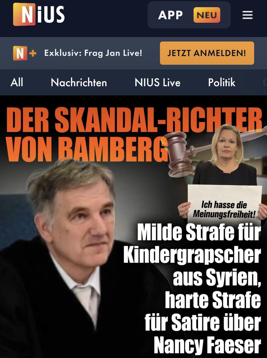 BREAKING NIUS: Für Kindergrapscher aus Syrien und dem Irak hat der Bamberger Richter Waschner jede Menge Verständnis, aber wehe, man macht einen Witz über Nancy Faeser, dann kennt er kein Erbarmen. nius.de/kriminalitaet/…
