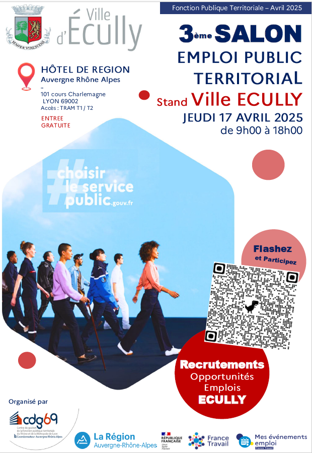 ⏲ J-10 La #MAIRIE Ville d'Ecully et les collectivités territoriales recrutent au Salon de l'Emploi Public Territorial à l’Hôtel de Région Auvergne-Rhône-Alpes.
📅 Le 17 avril 2025 entre 9h00 et 18h00 - STAND ECULLY
➡ Inscription avec <a href="/FTravail_ARA/">France Travail Auvergne-Rhône-Alpes</a>  mesevenementsemploi.francetravail.fr/mes-evenements…