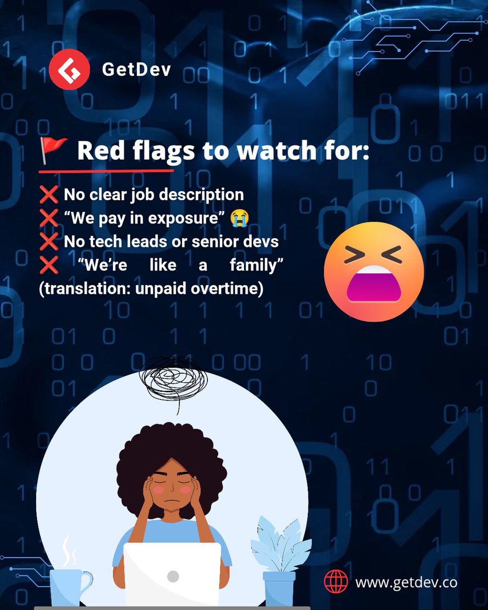 GetDevCo's tweet photo. How to spot a bad tech job before accepting it? Do your research before saying yes!

#TechJobs #JobSearch #GetDev https://t.co/hJxztzCo0z