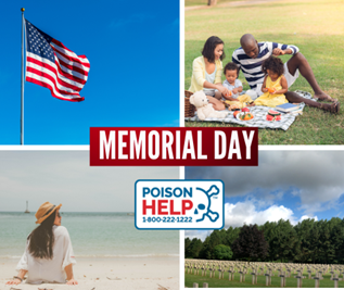 We hope you enjoy some time off this #Memorial Day weekend. If insect bites, jellyfish stings, food #poisoning or any holiday hazard interrupts your plans, we are always available to help. Please call the Poison Help line: 1-800-222-1222 for your questions or emergencies.
