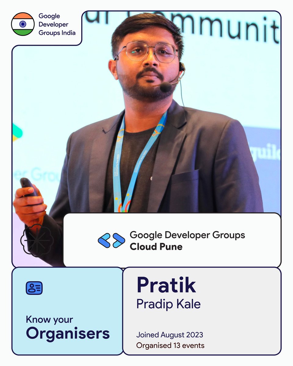 GDGIndia's tweet photo. Introducing @pratikkalein , co-organiser @gdgcloudpune 🤩 in our brand new series “Meet your Organisers” to help you know more about your Google Developer community leaders in India. 

Pratik is passionate about engineering, communities, bike rides. Give a shout out in the comments if you know or have Pratik in person.

You can also ask questions to @pratikkalein in the comments about the @gdgcloudpune community or anything related to his tech stack.