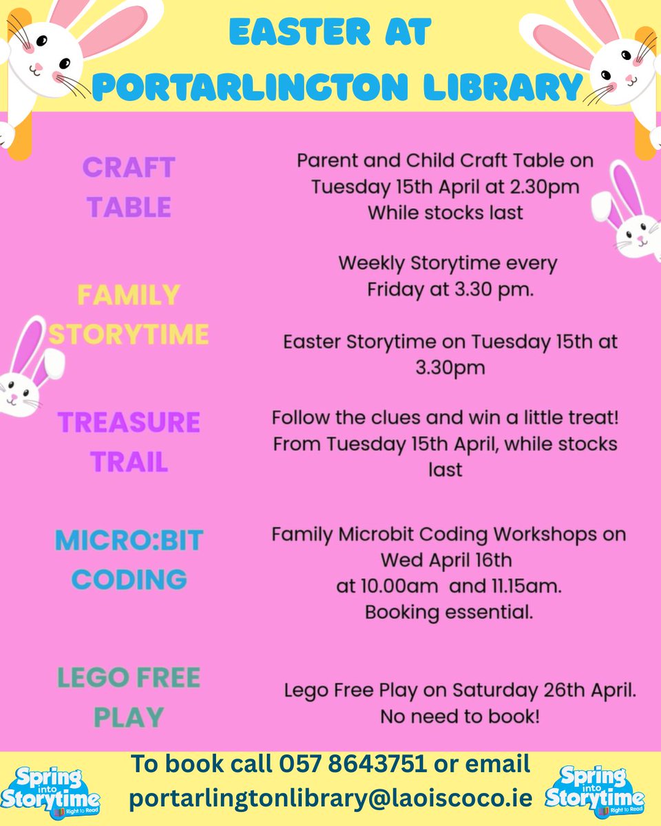 LaoisLibraries's tweet photo. Join us in Portarlington Library for plenty of fun this Easter. Choose from storytimes, crafts, coding, lego or have a go at the treasure trail !
#easter #library #crafts #WhatsOnPortarlington #Portarlington #laois @love_port #schoolholidays #SpringIntoStorytime @EmoParish https://t.co/lq0njFOBdQ