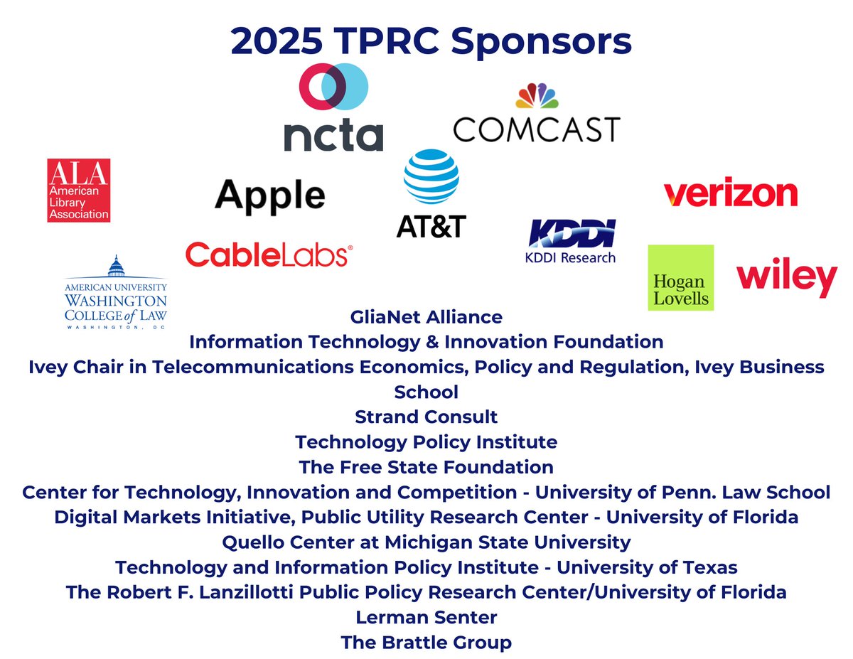TPRC (@tprctweets) on Twitter photo 🎉Thrilled to announce some new and returning sponsors for 2025! <a href="/WileyRein/">Wiley</a> will join us a brand new law firm sponsor and <a href="/FSFthinktank/">Free State Foundation</a> and <a href="/ITIFdc/">Information Technology and Innovation Foundation</a> will return as contributing sponsors! We are so thankful for your support! 🎉Thrilled to announce some new and returning sponsors for 2025! <a href="/WileyRein/">Wiley</a> will join us a brand new law firm sponsor and <a href="/FSFthinktank/">Free State Foundation</a> and <a href="/ITIFdc/">Information Technology and Innovation Foundation</a> will return as contributing sponsors! We are so thankful for your support!