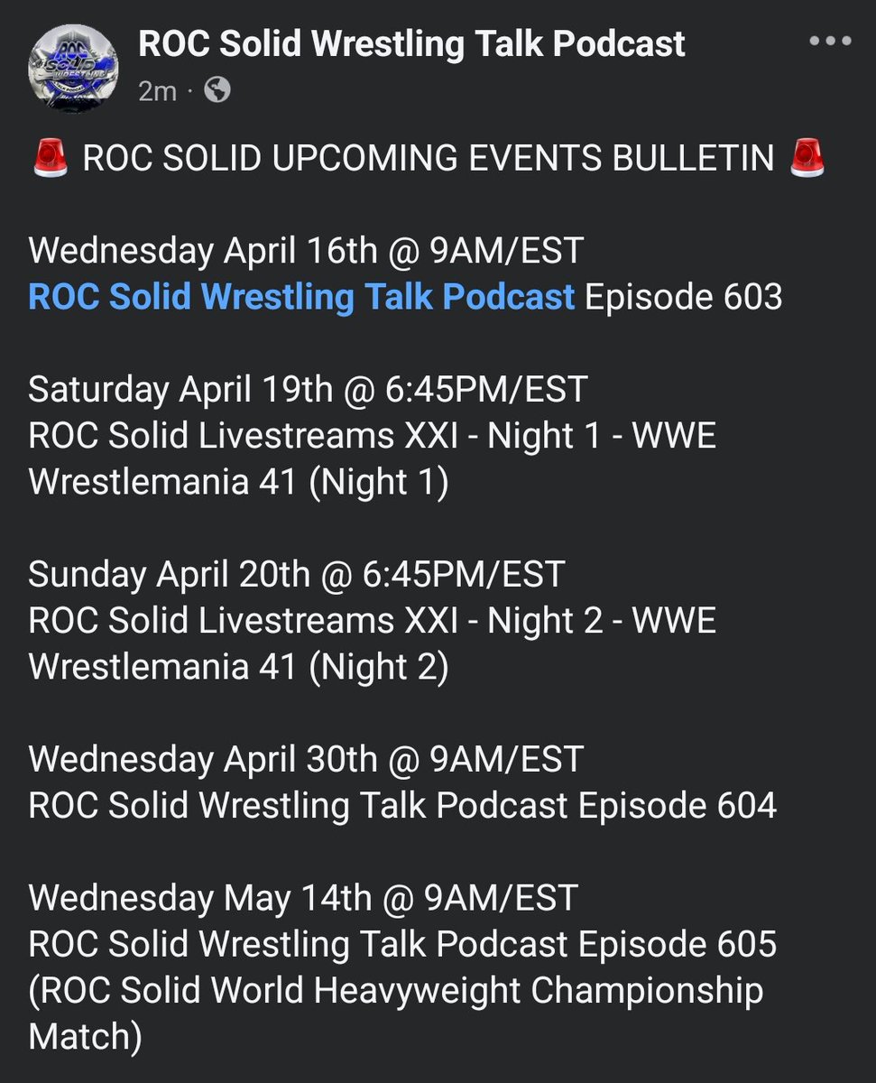 ROCSolidTalk's tweet photo. ROC SOLID SPRING SCHEDULE RELEASED! INCLUDING M3TV WEEKEND!! #rocsolidwrestlingtalk #M3TVWeekend2025 #m3tvweekend #m3tvyoutube #3CWDefiance24 #rocsolidresurgence https://t.co/eiJlVrPAWV