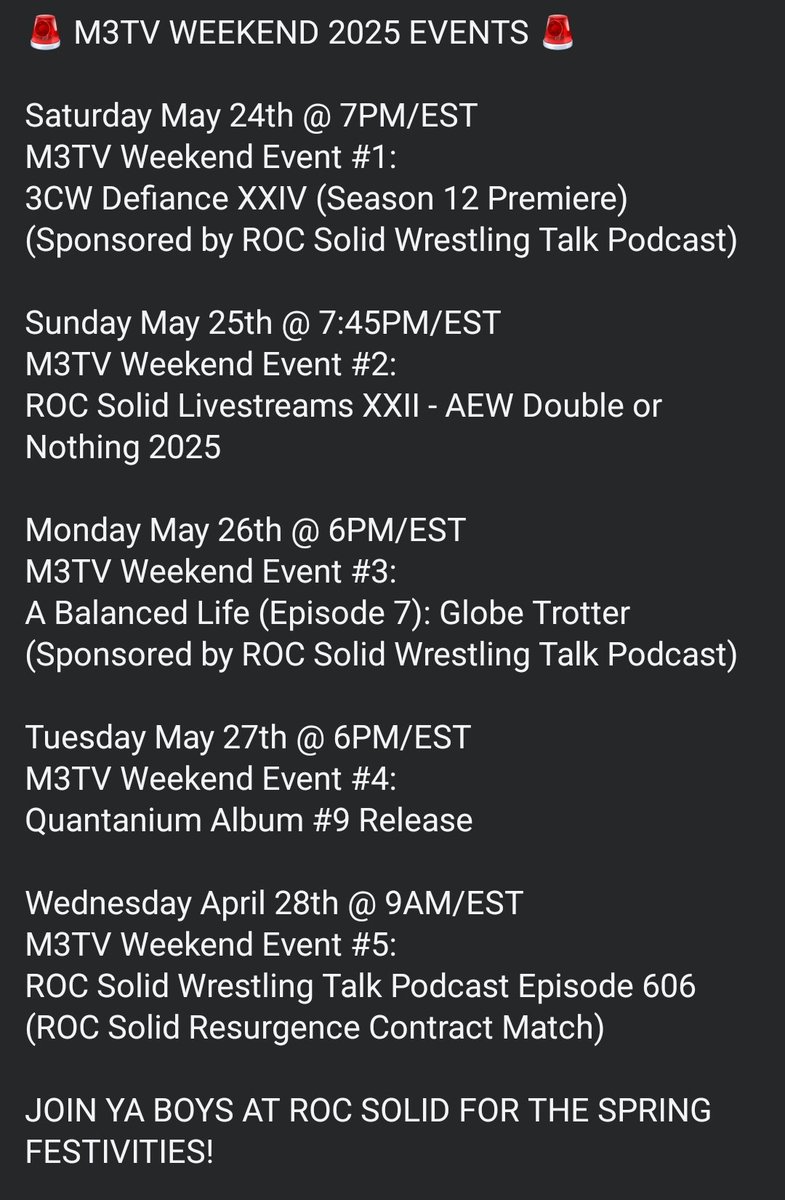 ROCSolidTalk's tweet photo. ROC SOLID SPRING SCHEDULE RELEASED! INCLUDING M3TV WEEKEND!! #rocsolidwrestlingtalk #M3TVWeekend2025 #m3tvweekend #m3tvyoutube #3CWDefiance24 #rocsolidresurgence https://t.co/eiJlVrPAWV