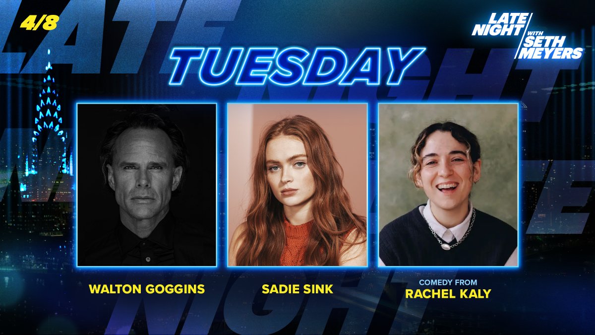 TONIGHT! <a href="/sethmeyers/">Seth Meyers</a> welcomes Walton Goggins, <a href="/SadieSink/">Sadie Sink</a> and comedian <a href="/rachel_kaly/">Rachel Kaly</a>!