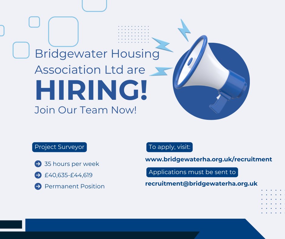 📢 We’re hiring a Project Surveyor!
📍 Inchinnan / Hybrid
💼 £40,635–£44,619
🌿 40 days leave + hybrid working
🔧 Manage contracts, surveys, &amp; energy efficiency

Apply by 5 May 👉 bridgewaterha.org.uk/recruitment
#HousingJobs #SurveyorJobs #BridgewaterHA #SocialHousing