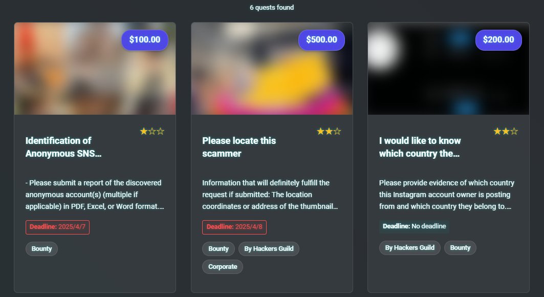 HackersGui1d's tweet photo. Hi #OSINT ers!

Thank you for taking on our quests! We've received various submissions and inquiries regarding the current requests.

Some of the currently posted quests will be closed as they reach their deadlines.  

We'll let you know when new quests are posted, so please stay tuned! Looking forward to working with you again :)