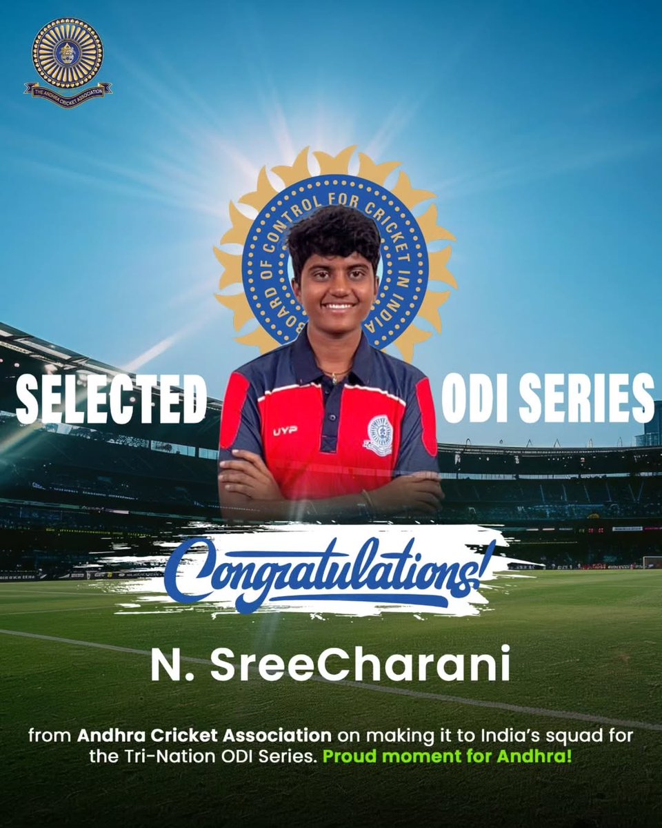 ncbn's tweet photo. Another cricketing star from Andhra Pradesh makes us proud, this time a daughter from Kadapa. Congratulations to N. SreeCharani on her selection to India’s Senior Women’s squad for the Women’s Tri-Nation ODI Series against Sri Lanka and South Africa. All the best Amma!
#Cricket #AndhraPradesh