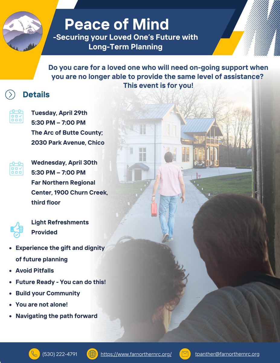 FarNorthernRC's tweet photo. 🌿 Peace of Mind: Long-Term Planning Event 🌿

Caring for a loved one who needs lifelong support? Join us for an empowering evening to plan for the future.

🗓️ April 29 – Chico
🗓️ April 30 – Redding
🕠 5:30–7PM
Details: https://t.co/Jmu0croHBz
#PeaceOfMind #FarNorthernRC https://t.co/s5LNn698fu
