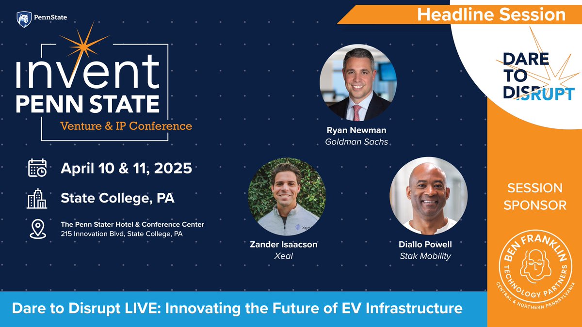 Invent Penn State (@inventpennstate) on Twitter photo Don’t miss Dare to Disrupt LIVE at the Venture & IP Conference, April 10 & 11! 🎙️
EV innovators from Xeal & Stak Mobility will dive into the future of charging tech.
Register: pennstatevip.com
<a href="/SmealCollege/">Penn State Smeal</a> <a href="/BenFrankCNP/">Ben Franklin CNP</a>
#DareToDisrupt #VentureIPConference #PSU #EV Don’t miss Dare to Disrupt LIVE at the Venture & IP Conference, April 10 & 11! 🎙️
EV innovators from Xeal & Stak Mobility will dive into the future of charging tech.
Register: pennstatevip.com
<a href="/SmealCollege/">Penn State Smeal</a> <a href="/BenFrankCNP/">Ben Franklin CNP</a>
#DareToDisrupt #VentureIPConference #PSU #EV
