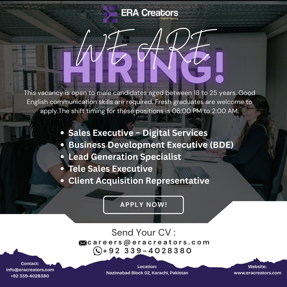 eracreatorsoff's tweet photo. Kickstart your career in digital sales! We're hiring motivated male candidates for night shift roles – no experience required, just great English skills and ambition!

#hiringnow #SalesJobs #DigitalSales #NightShiftJobs #FreshGraduates #JobOpportunity #SalesExecutive https://t.co/jFx21AH8To