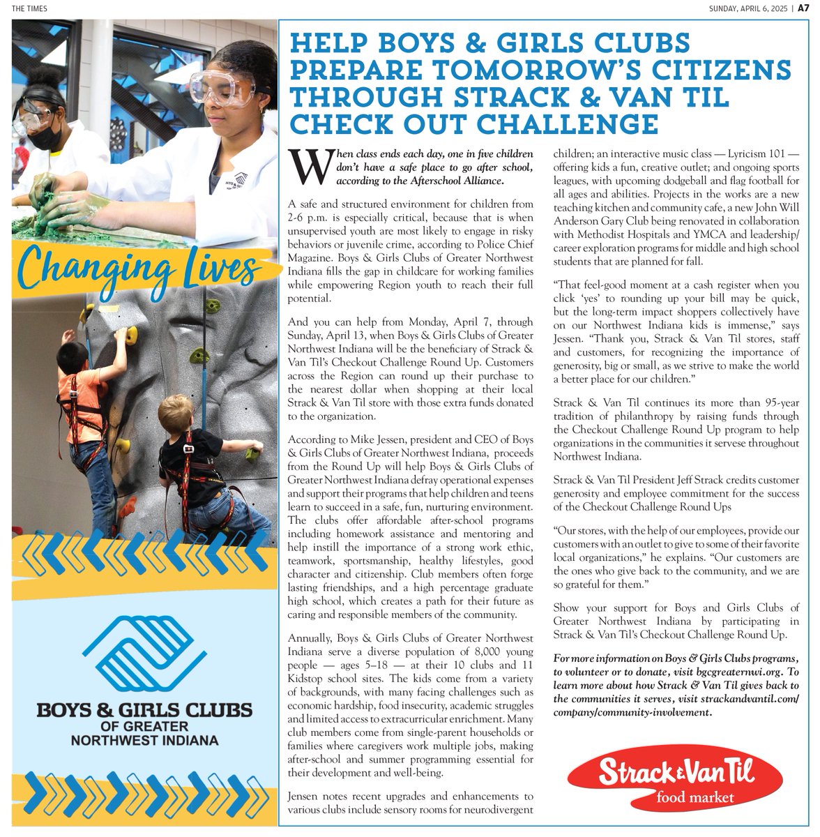 Check out this recent <a href="/nwi/">nwi.com</a> writeup about how the <a href="/StrackVanTil/">Strack & Van Til</a> #CheckoutChallenge will benefit our Club kids. Round up at the register through April 13 at any Strack's or <a href="/TCFoodMarket/">Town & Country</a> to help empower and inspire our region's youth!