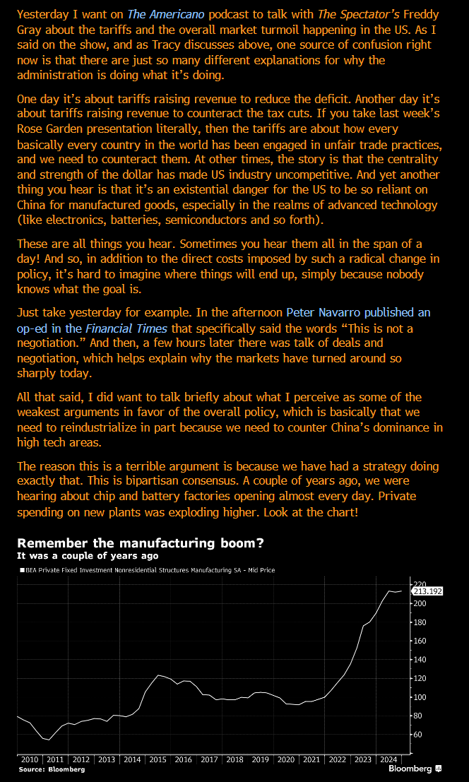 TheStalwart's tweet image. THE WORST DEFENSE OF THE TRUMP TARIFFS

In today&apos;s Odd Lots newsletter, I wrote about how there are so many different arguments being put forth to explain or defend the tariffs. But the stuff about countering China&apos;s strategic tech dominance has to be the most egregiously bad.