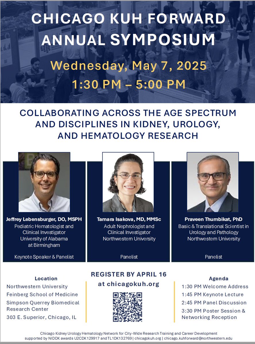 NU_Nephrology's tweet image. Calling all researchers in kidney, urology &amp;amp; hematology!

Join the @Chicago_KUH FORWARD Symposium on May 7 at Northwestern Feinberg.

A great opportunity to connect with fellow scientists across Chicago.

Free registration — sign up by April 16: feinberg.northwestern.edu/sites/chikuhfo…