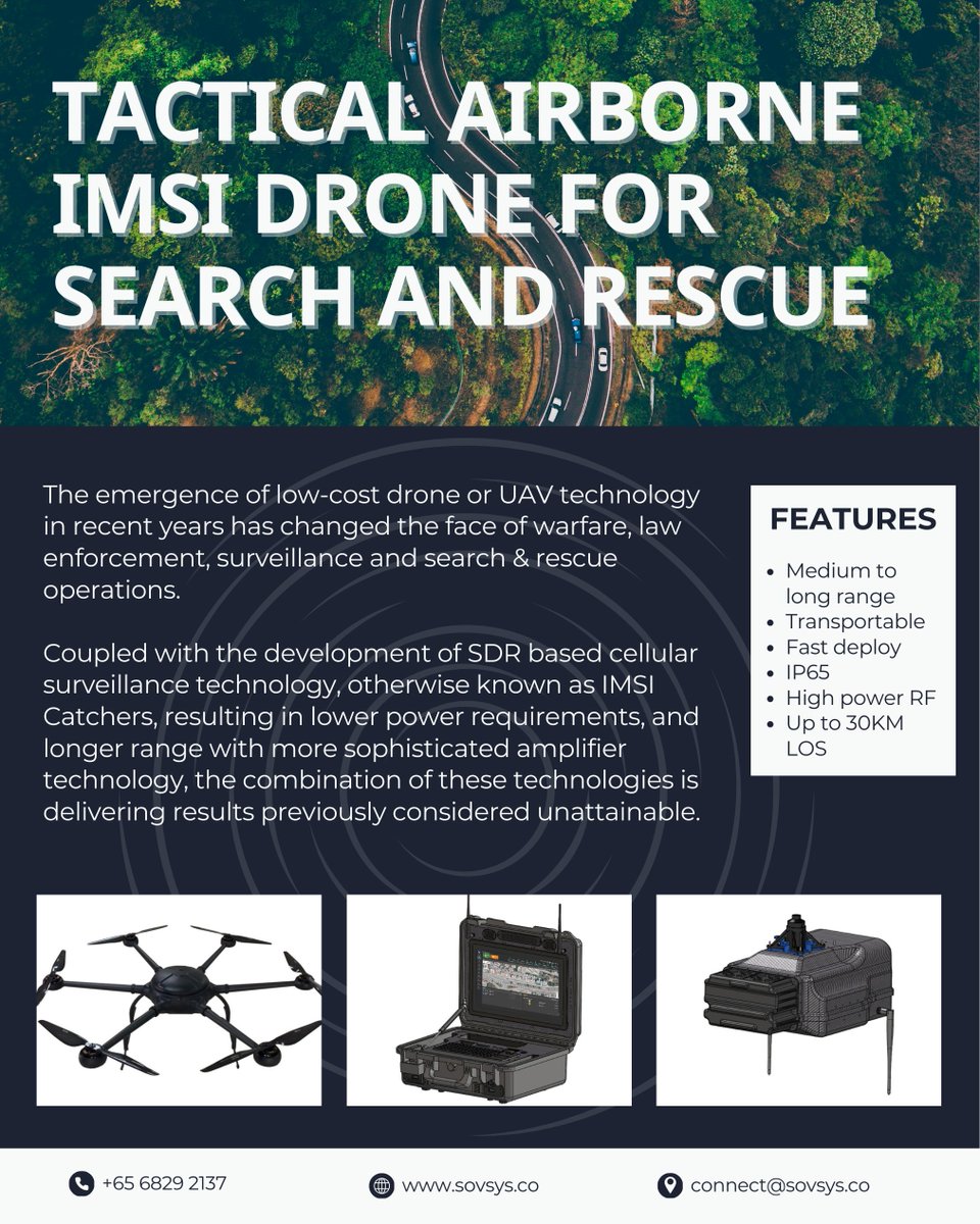 SovereignSys's tweet photo. The emergence of low-cost drone or UAV technology in recent years has changed the face of warfare, law enforcement, surveillance and search &amp; rescue operations. #sar #imsi #imsicatcher #droneimsicatcher #tacticalsurveillance #disasterresponse #searchandrescue https://t.co/vgTXR0ncgj
