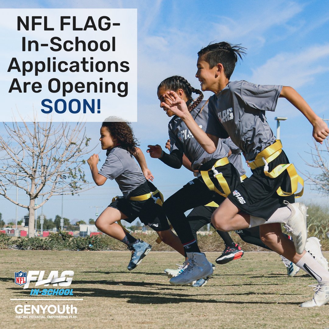 GENYOUthNow's tweet image. NFL FLAG-In-School applications open in ONE WEEK! 🏈 PE Coaches—bring one of the nation’s fastest-growing #TeamSports to your school &amp;amp; help kids reach their #Play60 goals! Sign up for application alerts at flag.genyouthnow.org #NFLFLAGInSchool #EmpoweringPlay