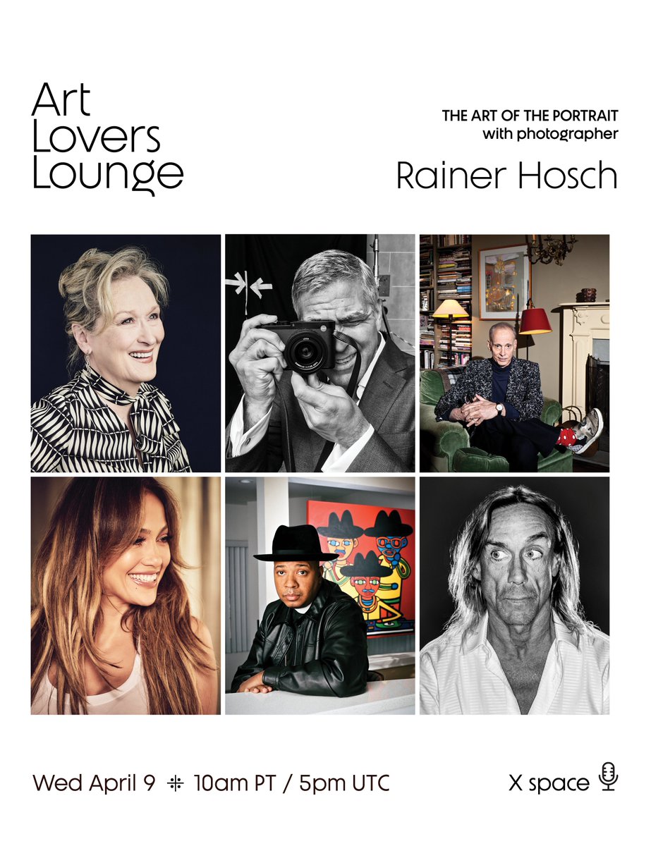 erikarand's tweet photo. Hi friends! Looking forward to this week's Art Lovers Lounge ❤️‍🔥 "The Art of the Portrait" with photographer @RainerHosch & guest co-host Installation Magazine @InstallationMag 💞

Come ask Rainer how it was photographing 🤯 Meryl Streep, George Clooney, Michael Jordan, Steven Spielberg, Eddie Redmayne, Michael Caine, Jennifer Lopez, Justin Timberlake, Reverend Run, John Waters, Wladimir Klitschko, Iggy Pop, Jay Leno, John Malkovic, DJ Kool Herc, Charlotte Gainsbourg, David Hockney, Fergie, George Carlin, Whoopi Goldberg, Willem Dafoe, Shepard Fairey, Conan O’Brian, Steve Buscemi, Jessie Eisenberg, Jessica Alba, Kim Kardashian... 😆🥳

Wed April 9 ✫ 10am PT  |  5pm UTC  

Set a reminder to join us! 💞↴