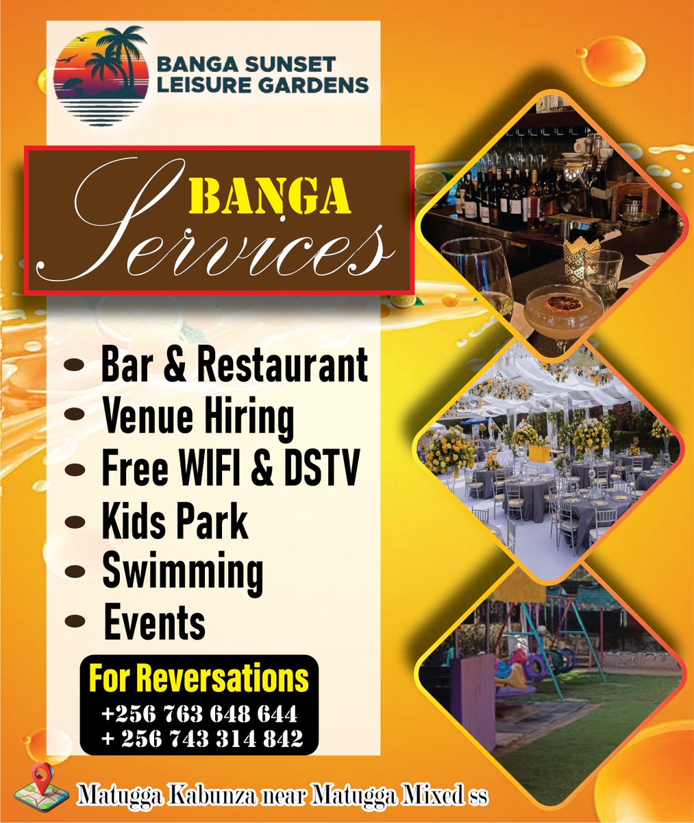 bangasunset's tweet photo. Our services ensure your satisfaction. Visit us today for all types of events at your dream venue.  
#BangaSunsetLeisureGardens #LeisureGardens #EventVenue #RestaurantLife #LocalFood  
Order now: 0763-648644 / 0743314842  
#Kampala #follow https://t.co/Ga06BeNNX7