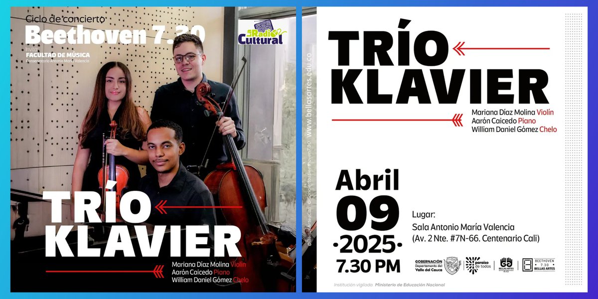 #LaRadioCultural 
Mie 9 Abril 7:30PM
En la sala Antonio María Valencia de <a href="/BellasArtesC/">Bellas Artes Oficial</a>, continúa el ciclo de conciertos Beeethoven 7.30, disfruta del concierto del Trío Klavier.
Entrada Libre
<a href="/GobValle/">Gobernación Valle del Cauca</a> 
<a href="/cultura_valle/">Secretaría de Cultura del Valle del Cauca</a>