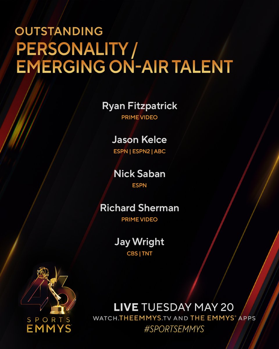 The Emmys (@theemmys) on Twitter photo The #SportsEmmys Nominees for Personality/Emerging On-Air Talent are:
- <a href="/FitzMagic_14/">Ryan Fitzpatrick</a> (@primevideo)
- <a href="/JasonKelce/">Jason Kelce</a> (<a href="/espn/">ESPN</a> @abcnetwork)
- <a href="/sabanfaux/">Nick Saban</a> (<a href="/espn/">ESPN</a>)
- <a href="/RSherman_25/">Richard Sherman</a> (@primevideo)
- <a href="/CoachJayWright/">Jay Wright</a> (@cbssports <a href="/TNTSportsUS/">TNT Sports U.S. PR</a>) The #SportsEmmys Nominees for Personality/Emerging On-Air Talent are:
- <a href="/FitzMagic_14/">Ryan Fitzpatrick</a> (@primevideo)
- <a href="/JasonKelce/">Jason Kelce</a> (<a href="/espn/">ESPN</a> @abcnetwork)
- <a href="/sabanfaux/">Nick Saban</a> (<a href="/espn/">ESPN</a>)
- <a href="/RSherman_25/">Richard Sherman</a> (@primevideo)
- <a href="/CoachJayWright/">Jay Wright</a> (@cbssports <a href="/TNTSportsUS/">TNT Sports U.S. PR</a>)